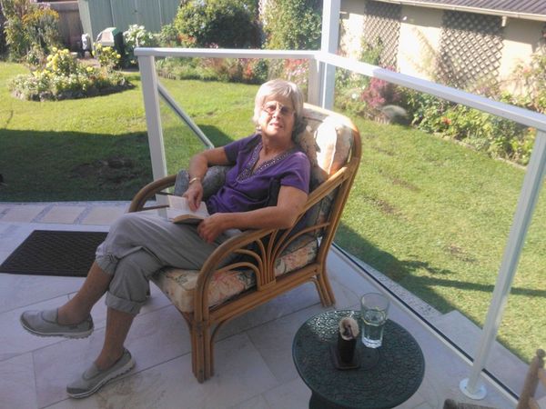 Mary 'siesta-ing' on the new patio