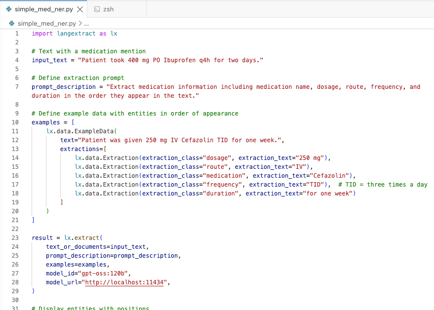 Snippet of example Python from a simple LangExtract script.