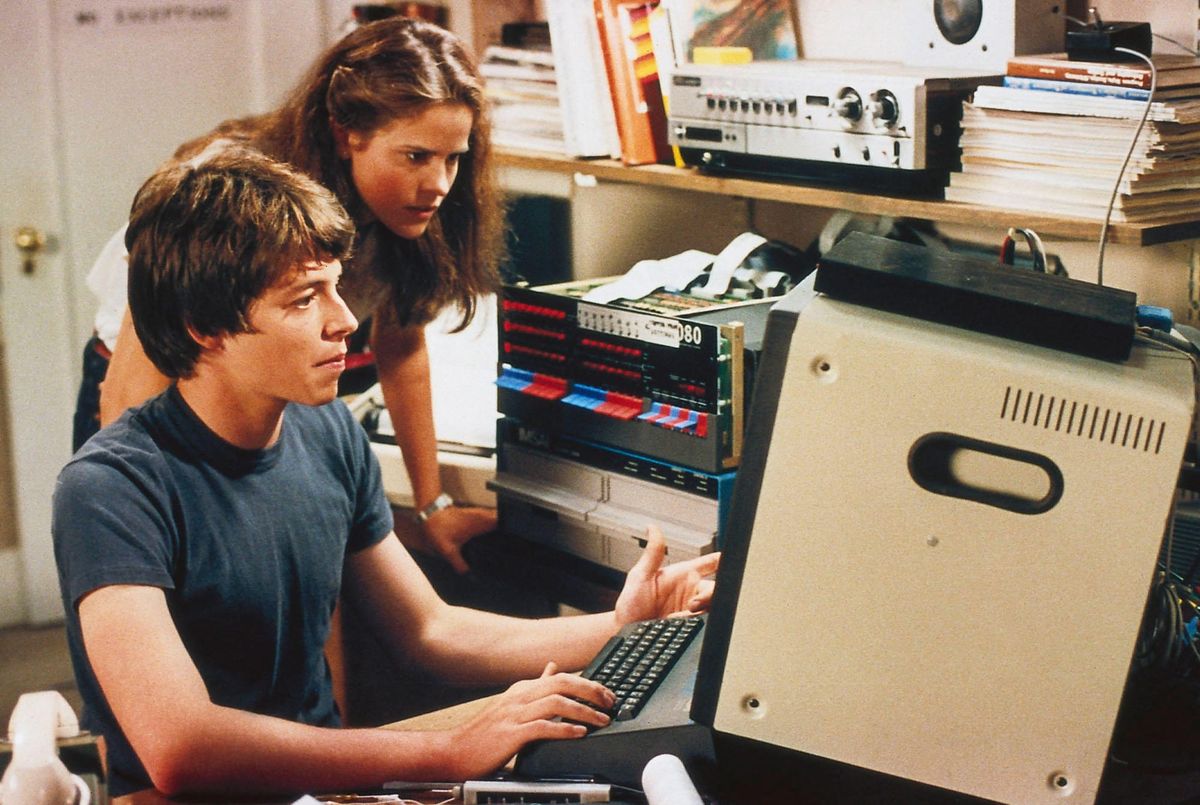 Scene from the 1983 film WarGames showing Matthew Broderick and Ally Sheedy at a computer terminal.