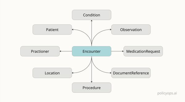 A diagram with the FHIR Encounter in the middle and arrows linking out to other FHIR resources.