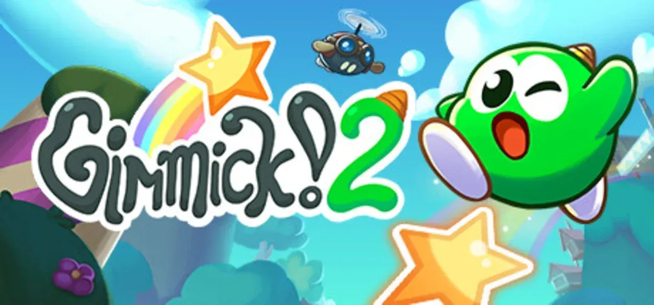 Key art for the game Gimmick! 2 with the titular green character leaping across the frame.