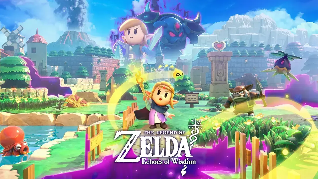 Key art for the game Legend of Zelda: Echoes of Wisdom with Princess Zelda wielding a magical scepter