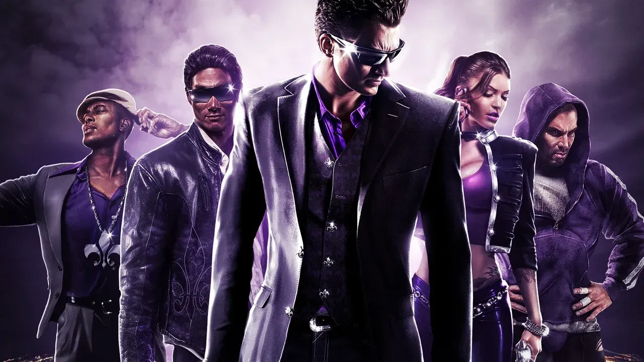 Key art for the game Saints Row: The Third featuring the main cast posing against a purple background.