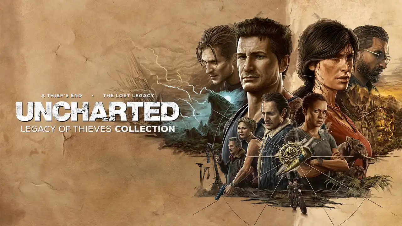 Key art for the game Uncharted Legacy of Thieves Collection featuring the main cast posing behind a makeshift compass.