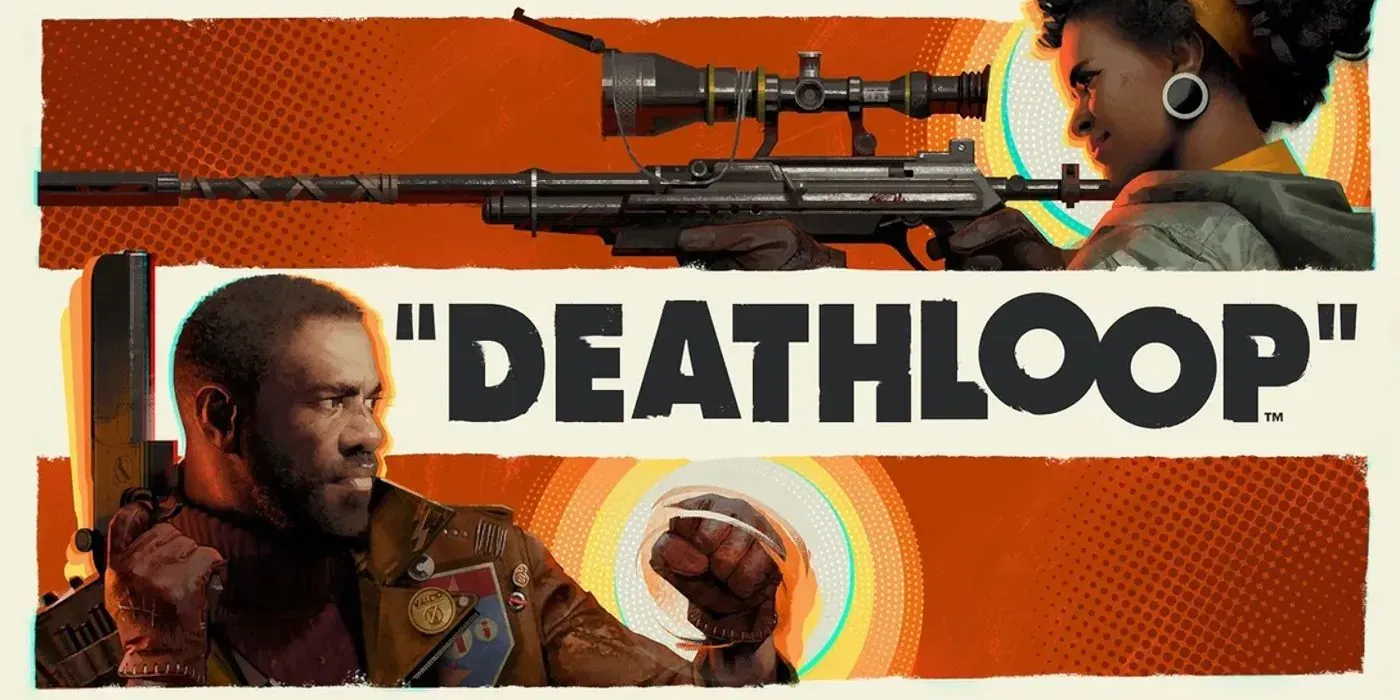Key art for the game DEATHLOOP featuring the main characters pointing guns at each other against an orange backdrop.