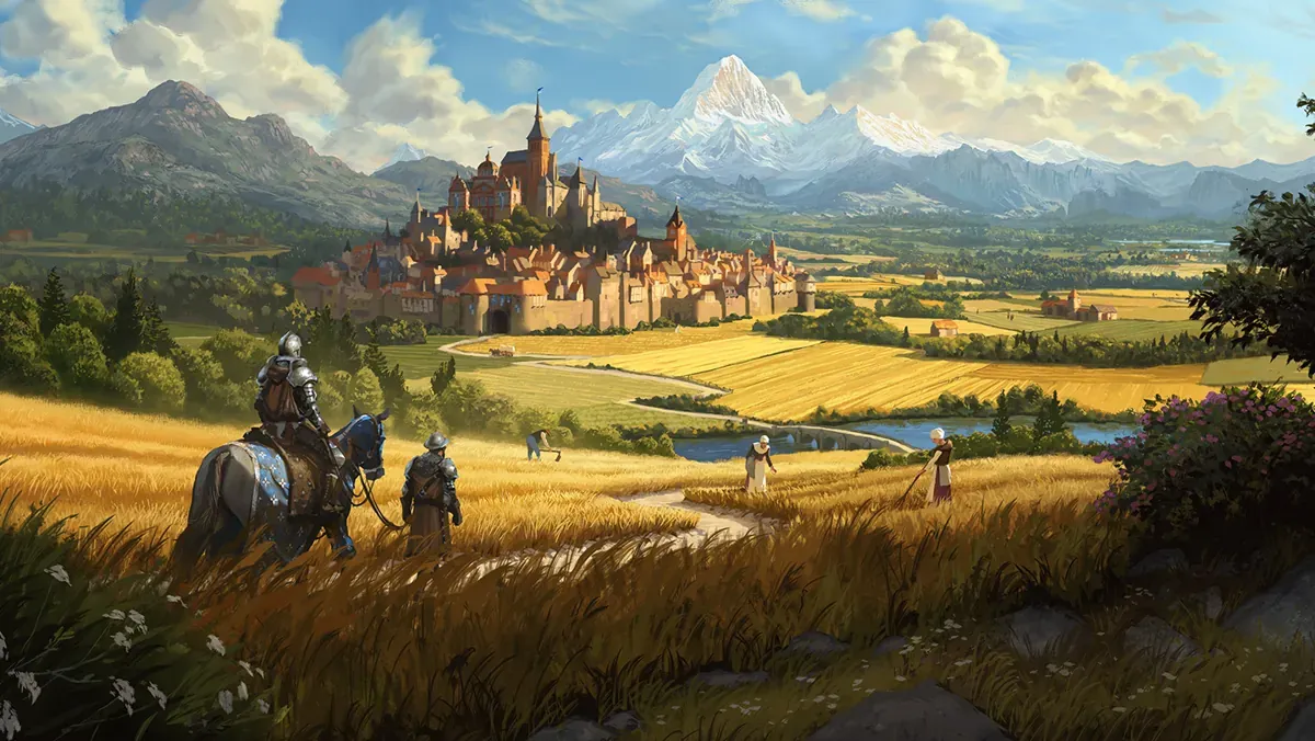 Key art for the game Farthest Frontier featuring a serene painting of a distant kingdom and wheat fields where serfs toil away in their bucolic nightmare.