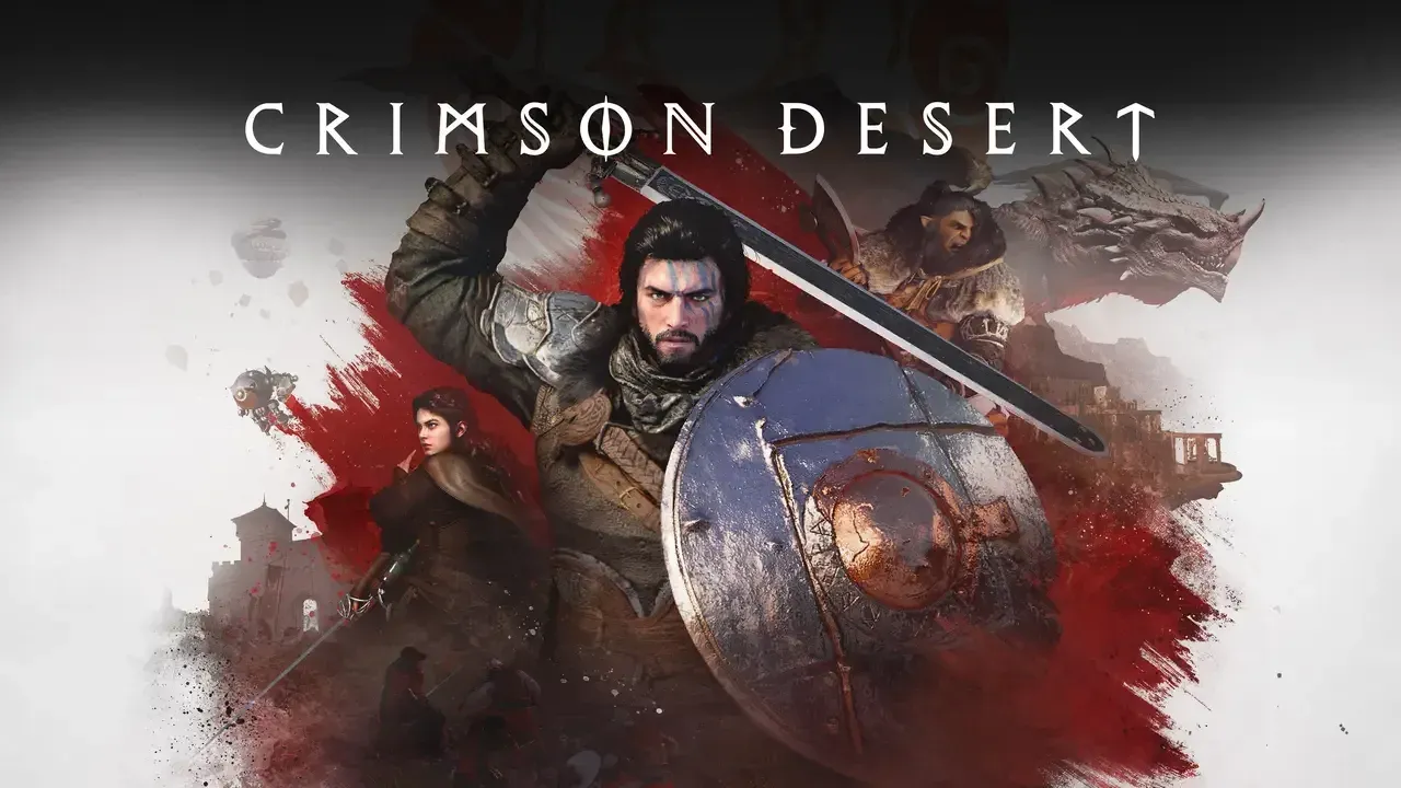 Key art for the game Crimson Desert featuring the lead hero Kliff wielding a sword and a shield.