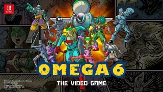 Key art for the game OMEGA 6 featuring a team of adventurers fighting aliens in a comic book style splash screen