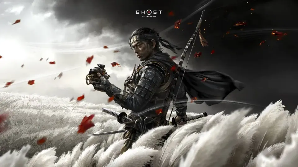 Key art for the game Ghost of Tsushima featuring a man in a field of white and red leaves holding a mask.