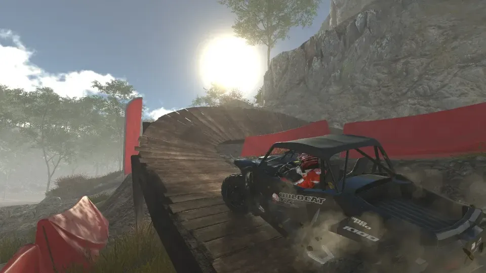 An image from the game Overpass featuring a dust buggy driving on a rickety wooden track against a steep hillside.