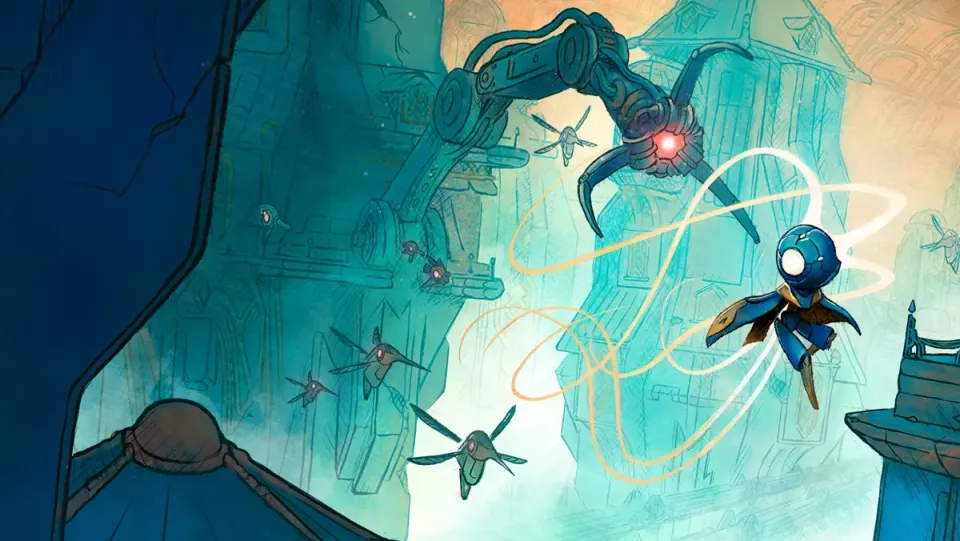 Key art for the game MIO: Memories in Orbit, featuring the little robot Mio escaping from a robotic claw.