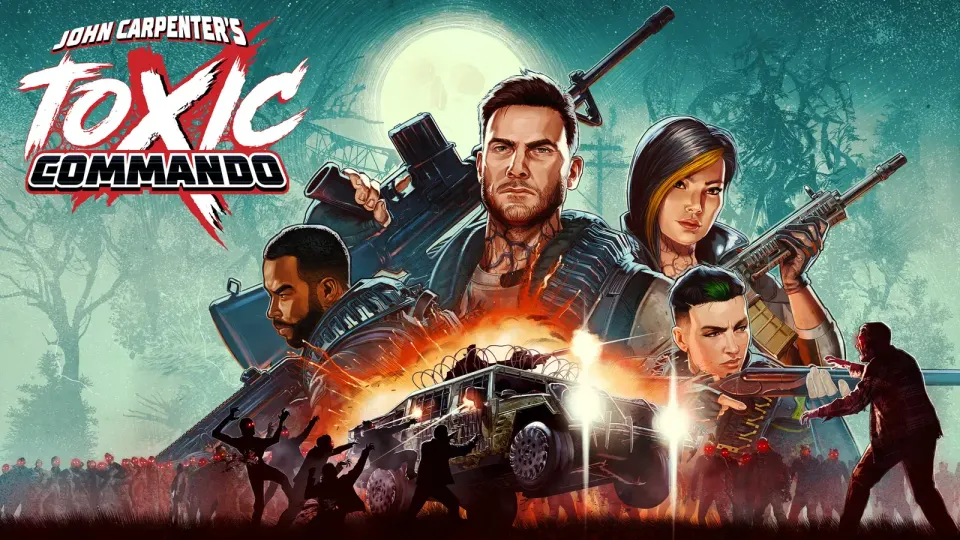 Poster art for the game John Carpenter's Toxic Commando featuring an 80s-style group of heroes fighting a horde of zombies.