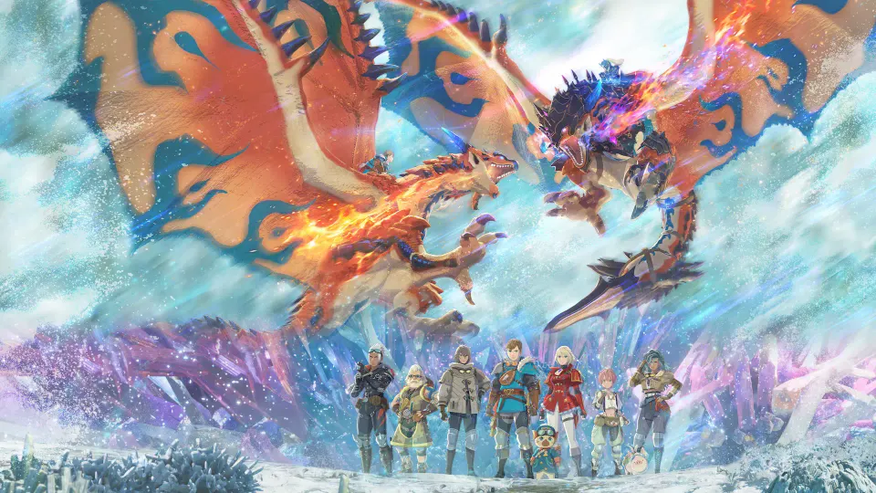 A group of heroes posing against a fierce snowstorm where two red dragons battle against one another in the key art for Monster Hunter Stories 3: Twisted Reflection