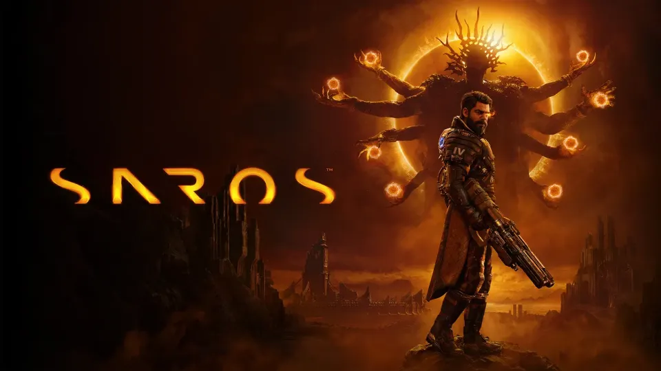 Raul Kohli standing before an ominous figure and a galactic eclipse in the game Saros