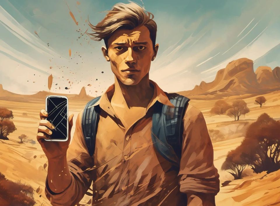 Un routard dans l'outback australien avec un smartphone cassé - Image générée par IA - Adobe Firefly