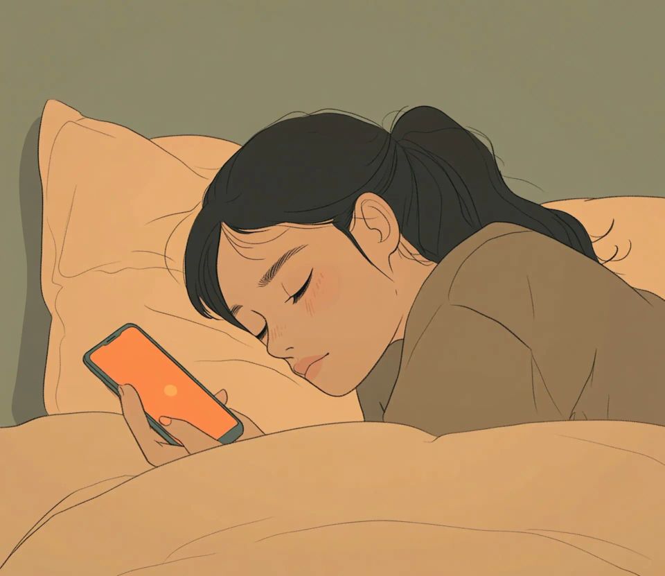 Une jeune femme dort avec son smartphone - Image créée par IA par Viri Gutiérrez - Source Lummi