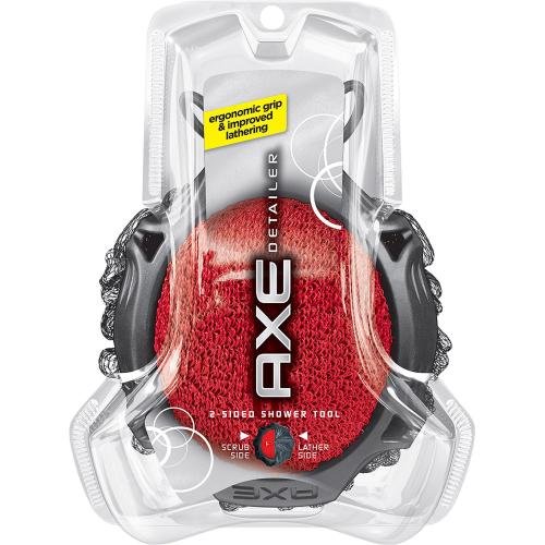  A bath pouf in packaging that describes it as an “AXE DETAILER 2-sided shower tool” and promises “ergonomic grip & improved lathering.” 