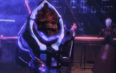  A Turian (dinosaur-like aliens from the game Mass Effect) breaking it down on a laser light-illuminated dance floor. 