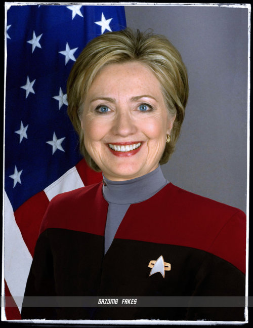  Hillary Clinton in command-red  Star Trek  Voyager-era uniform. 