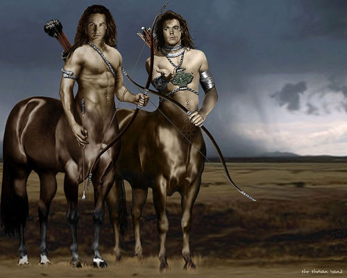  Mulder and Krycek, from  The X-files,  Photoshopped to appear as two centaurs, complete with bows, arrows, long mane-like hair, and jewelry. 