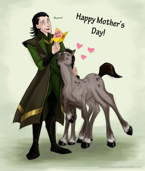  Loki cuddles a multi-legged horse that has apparently given him a mother’s day card. A caption says “Happy Mother’s Day.” 