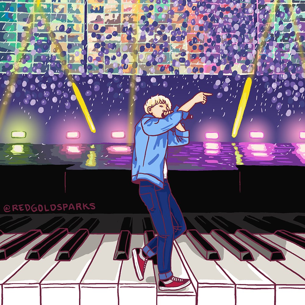 Fanart of BTS's Min Yoongi onstage, with purplish stadium lights in the background
