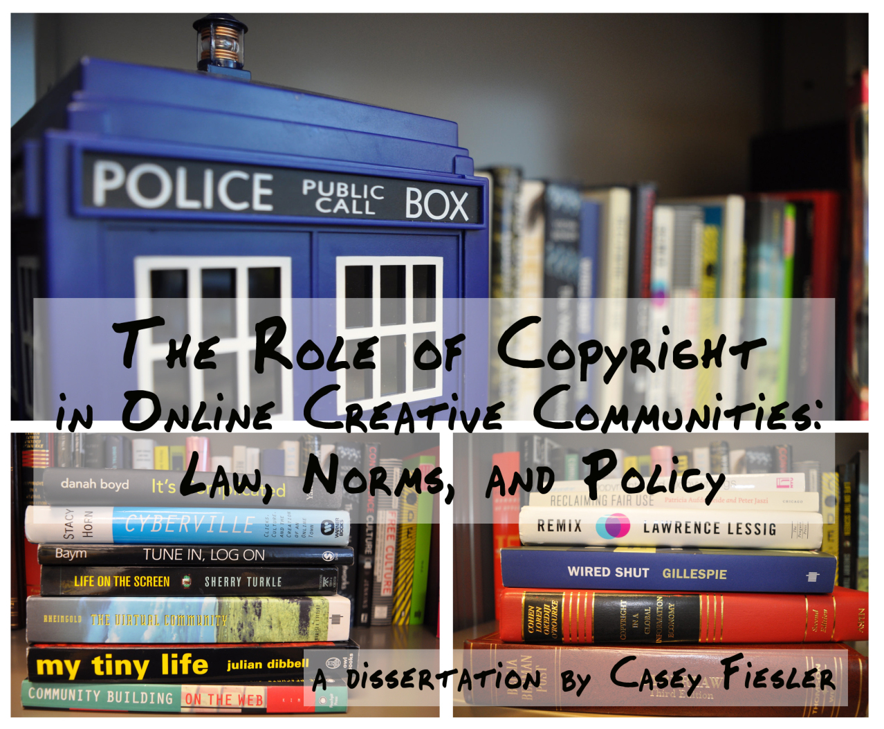  A “cover” for Casey’s dissertation, featuring a Tardis and a crammed bookshelf. 