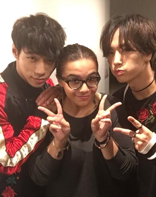  Miranda with Daehan and Mingyu of RE:ACT (formerly CIRCUS CRAZY) at K-Stage in Tokyo in 2018. 