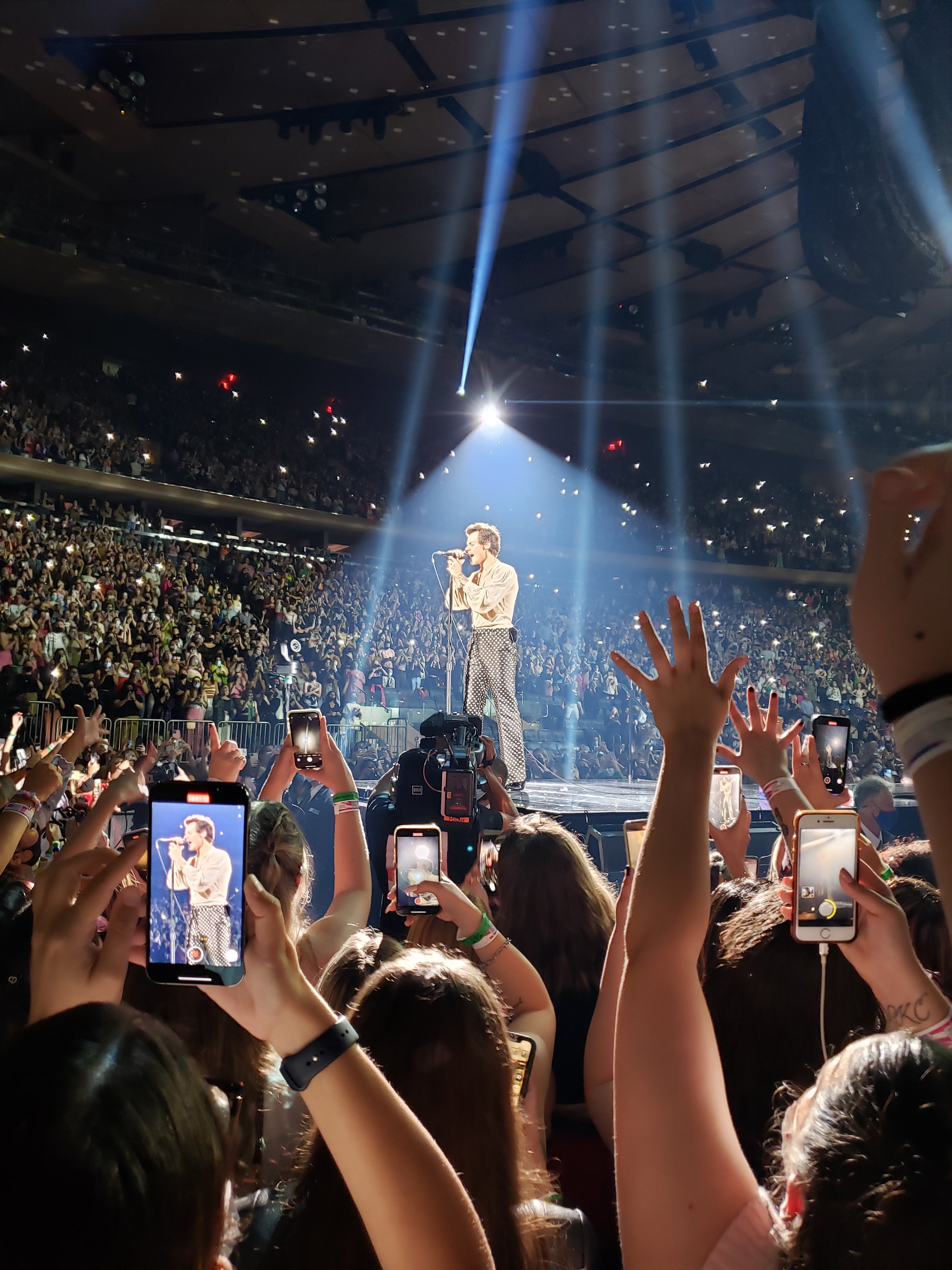 Harry Styles, singing on stage, in a spotlight. Fans raise hands and phones to him.