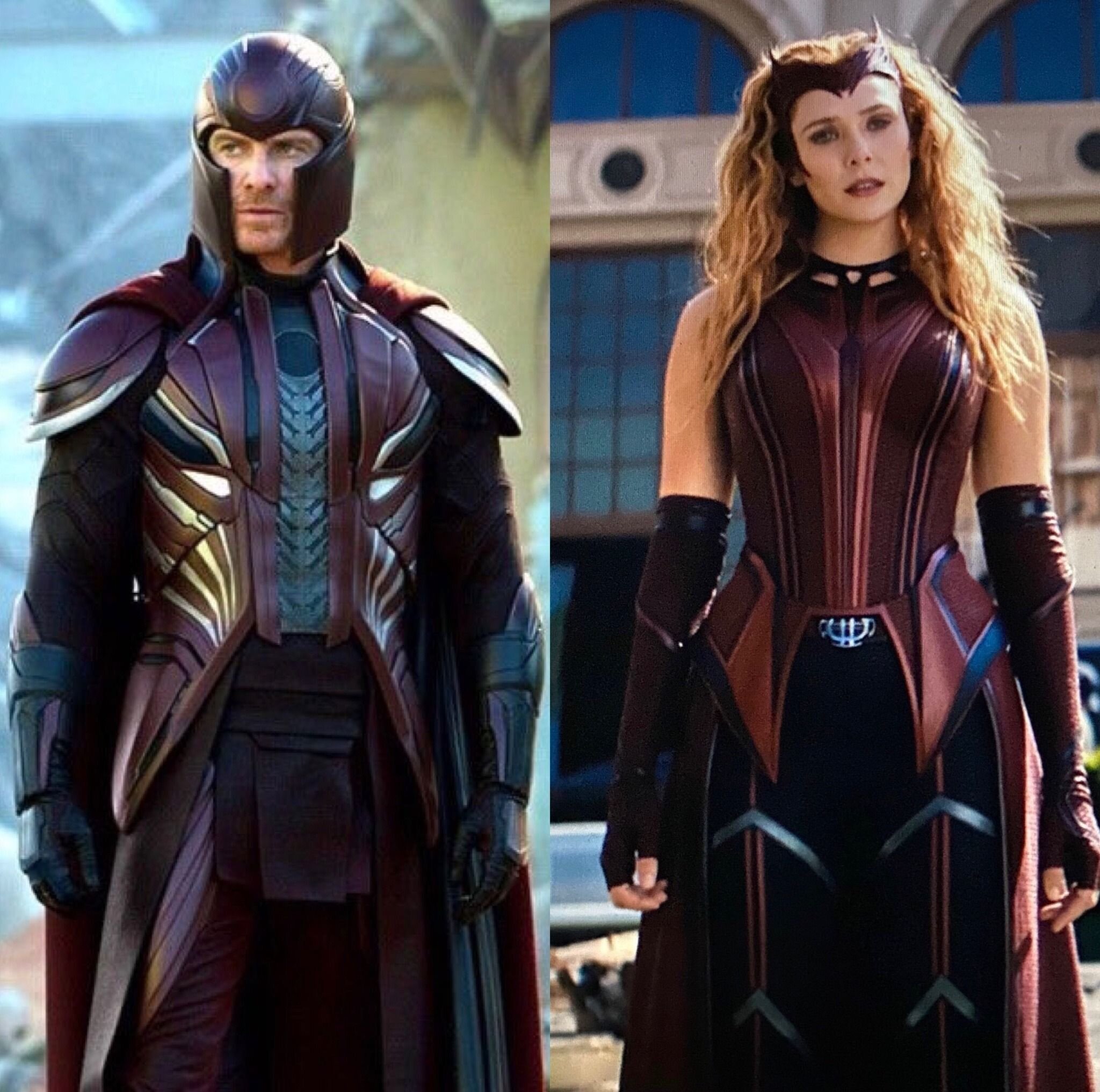  Two shots of Magneto (from  X-Men: Apocalypse ) and Wanda (in  WandaVision ) next to each other. They re wearing similar wine-red armor. 