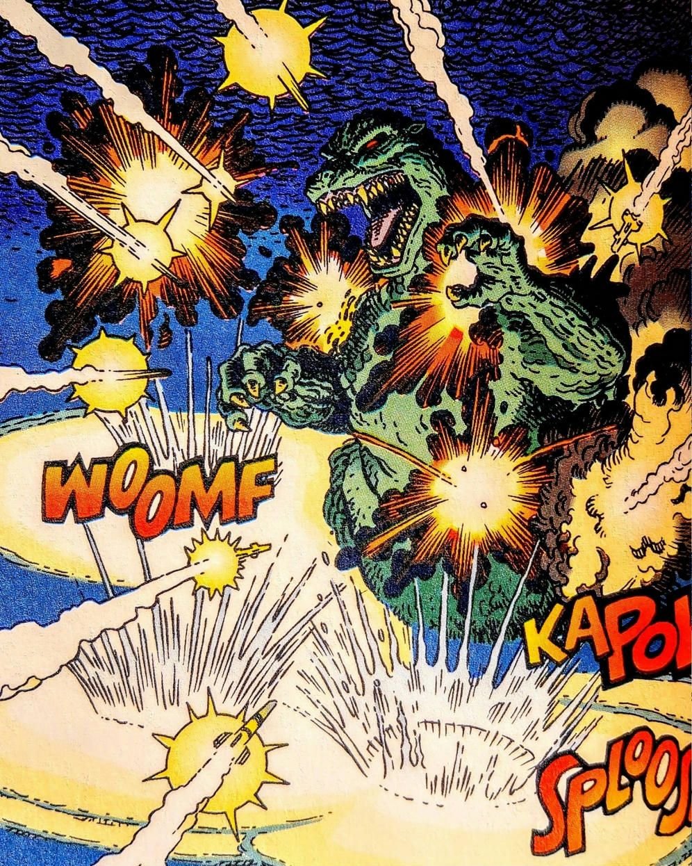 Comic book panel depicting a lot of explosions hitting a Godzilla-like figure