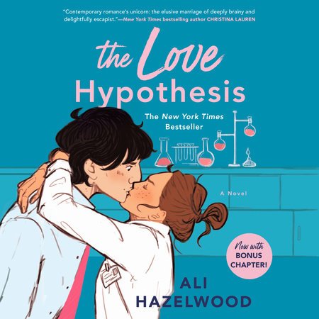 Square cover for The Love Hypothesis featuring two characters who are obviously AU Reylo kissing in front of some science equipment