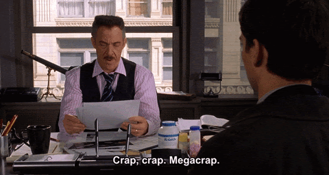 Animated gif of J. Jonah Jameson flipping through Peter Parker's photos with the caption, "Crap, crap. Megacrap."