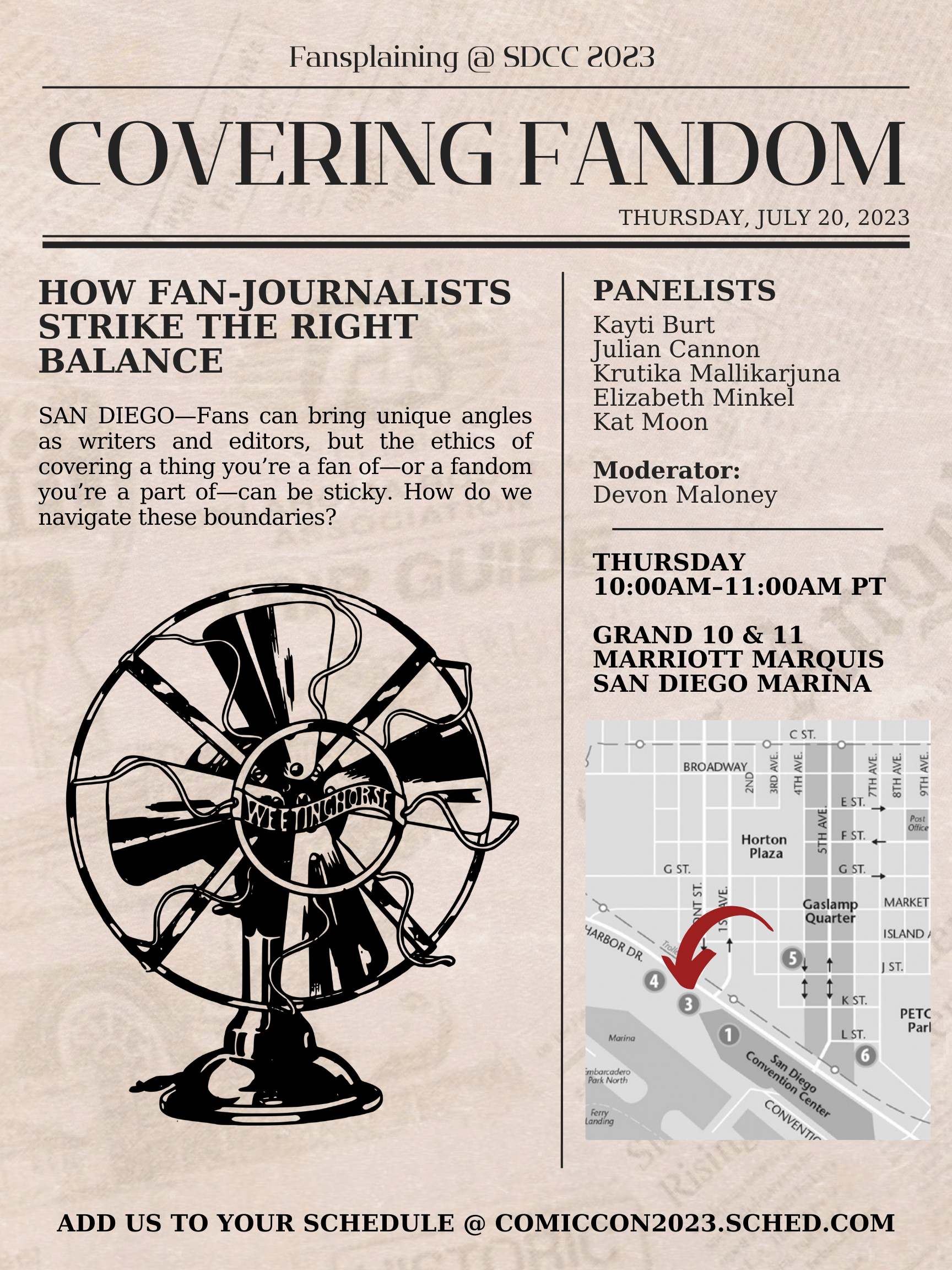 Flier for Fansplaining's SDCC panel: A tannish newsprint background, made to look like a little newspaper.