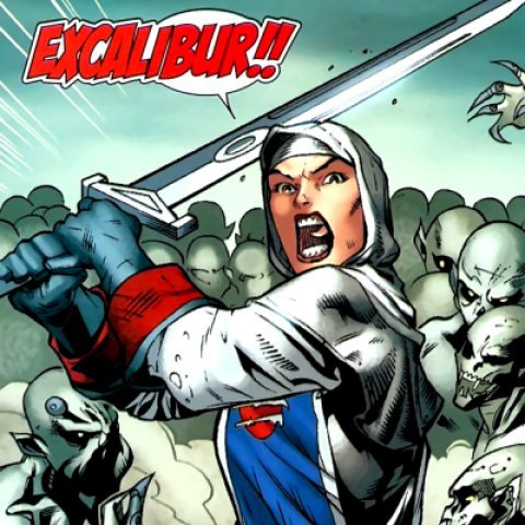 Comics illustration of Faiza Hussain wielding a sword with the caption EXCALIBUR!!