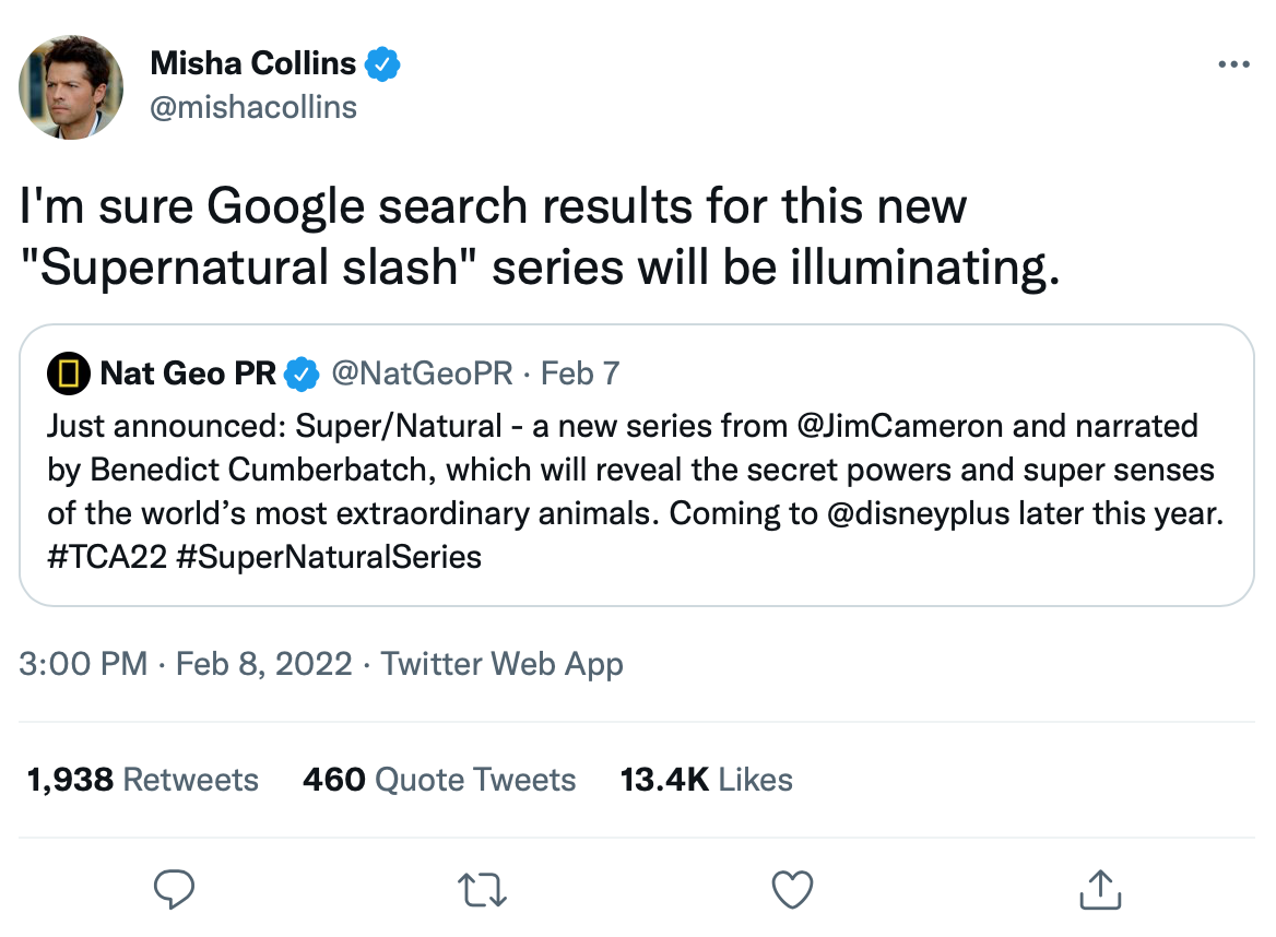 A tweet from Misha Collins, original text at https://twitter.com/mishacollins/status/1491139781652525056