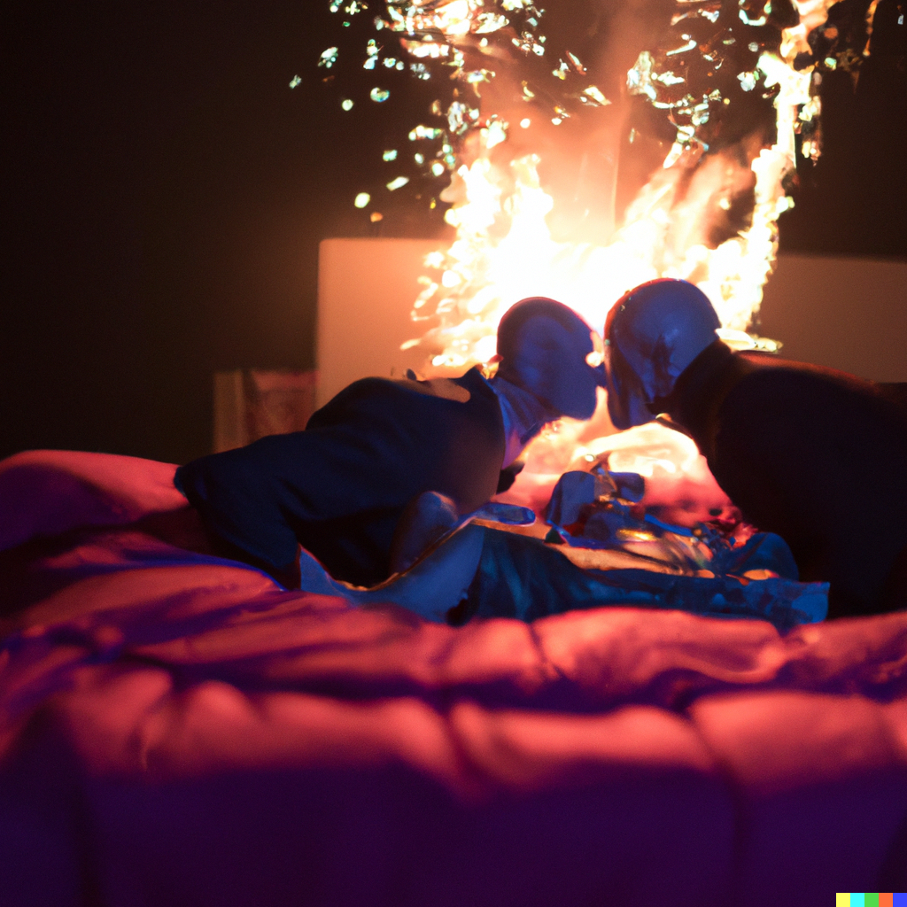 Two figures on a bed leaning towards each other to kiss, a fire in the background