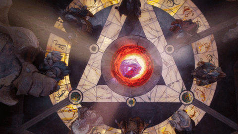 Animated gif from Dark Crystal: Age of Resistance featuring a large purple crystal emitting light and birdlike creatures closing their eyes