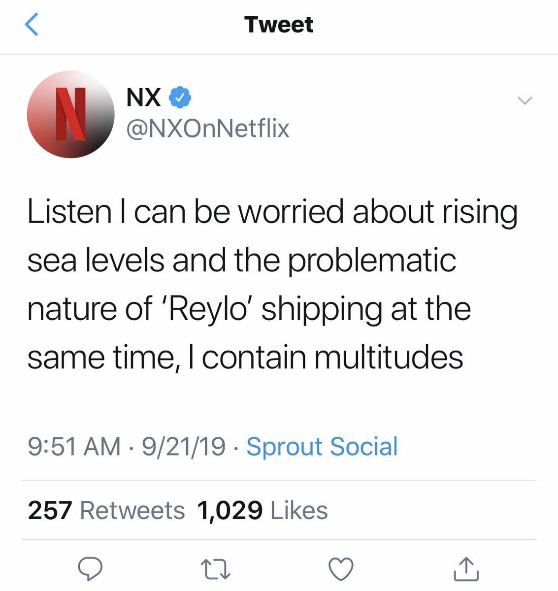  NXOnNetflix’s tweet of 9/21/2019. The text reads “Listen I can be worried about rising sea levels and the problematic nature of ‘Reylo’ shipping at the same time, I contain multitudes.” 