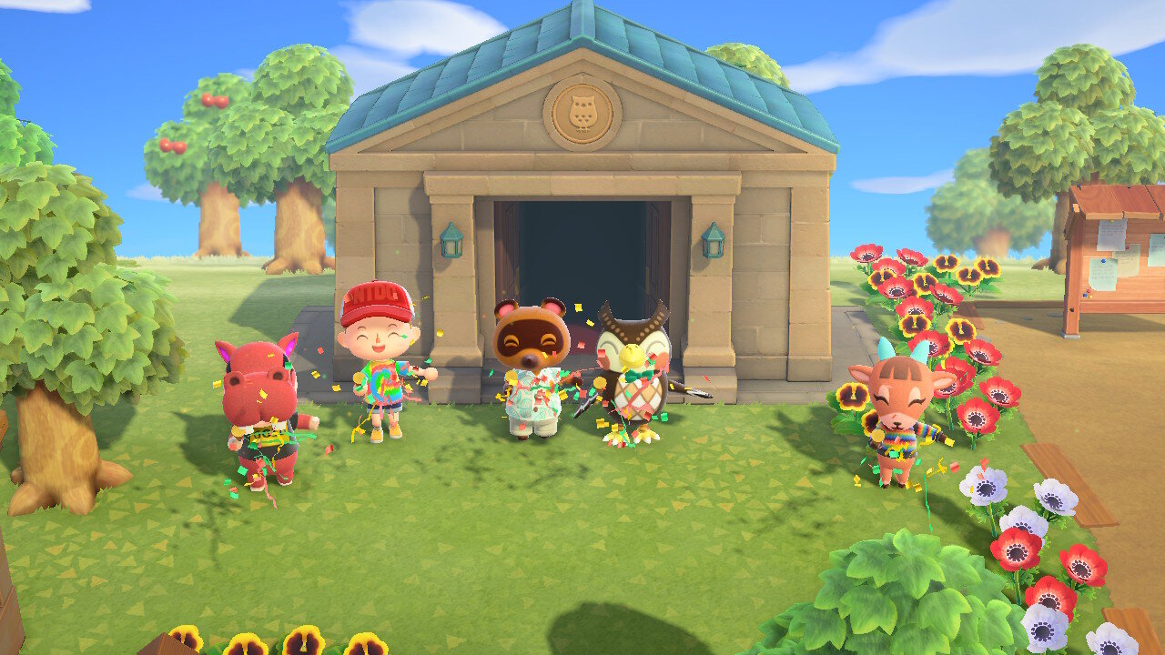  Flourish’s Animal Crossing avatar celebrates the opening of the museum with Biff the hippo, Tom Nook the raccoon, Blathers the owl, and Pashmina the goat 