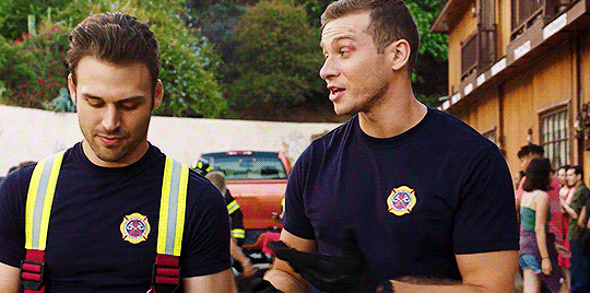 Animated gif from 9-1-1 of Buck and Eddie walking