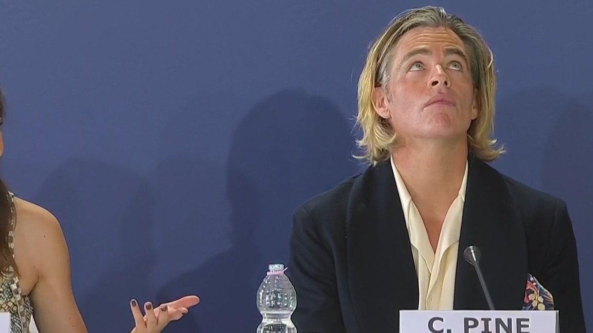 Still photograph of Chris Pine rolling his eyes towards the ceiling