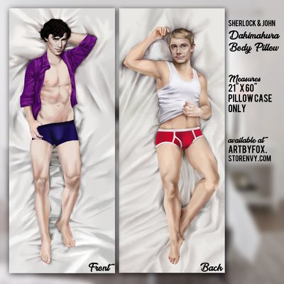 Image of the covers of two body pillows featuring Sherlock and John.