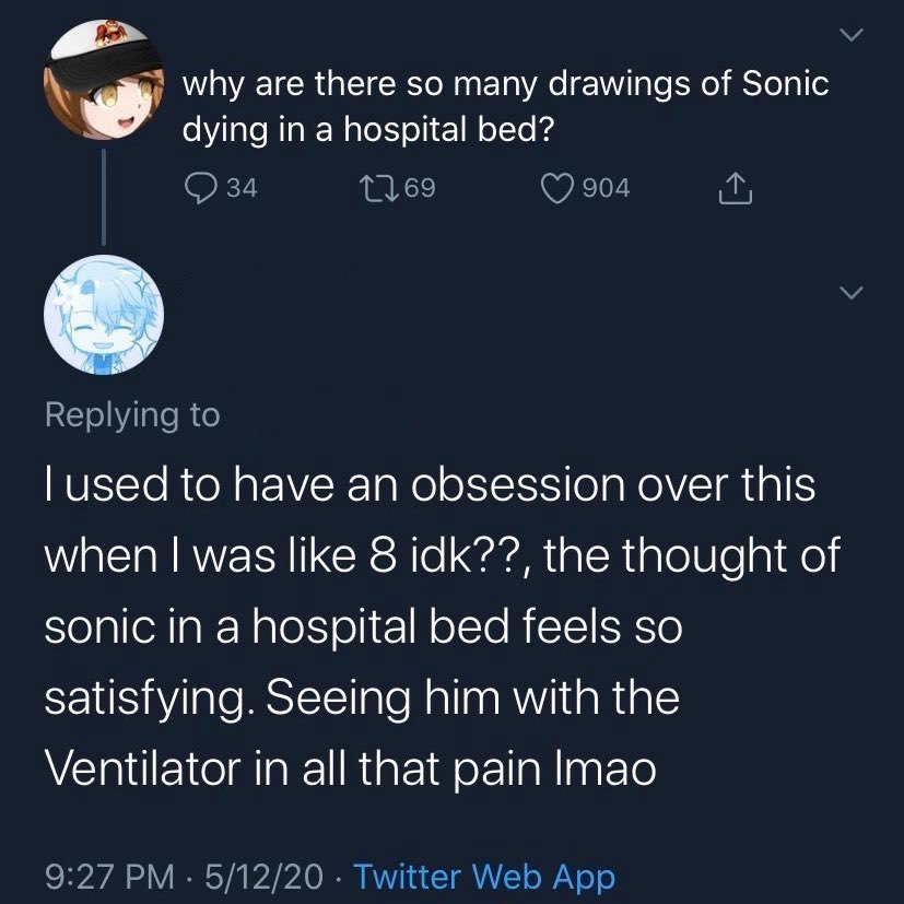 Screenshot of two tweets about Sonic the Hedgehog in a hospital bed (Ghost alt text too short to accommodate full text, apologies)