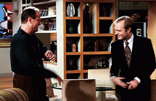 Animated gif of Frasier and Niles Crane high-fiving