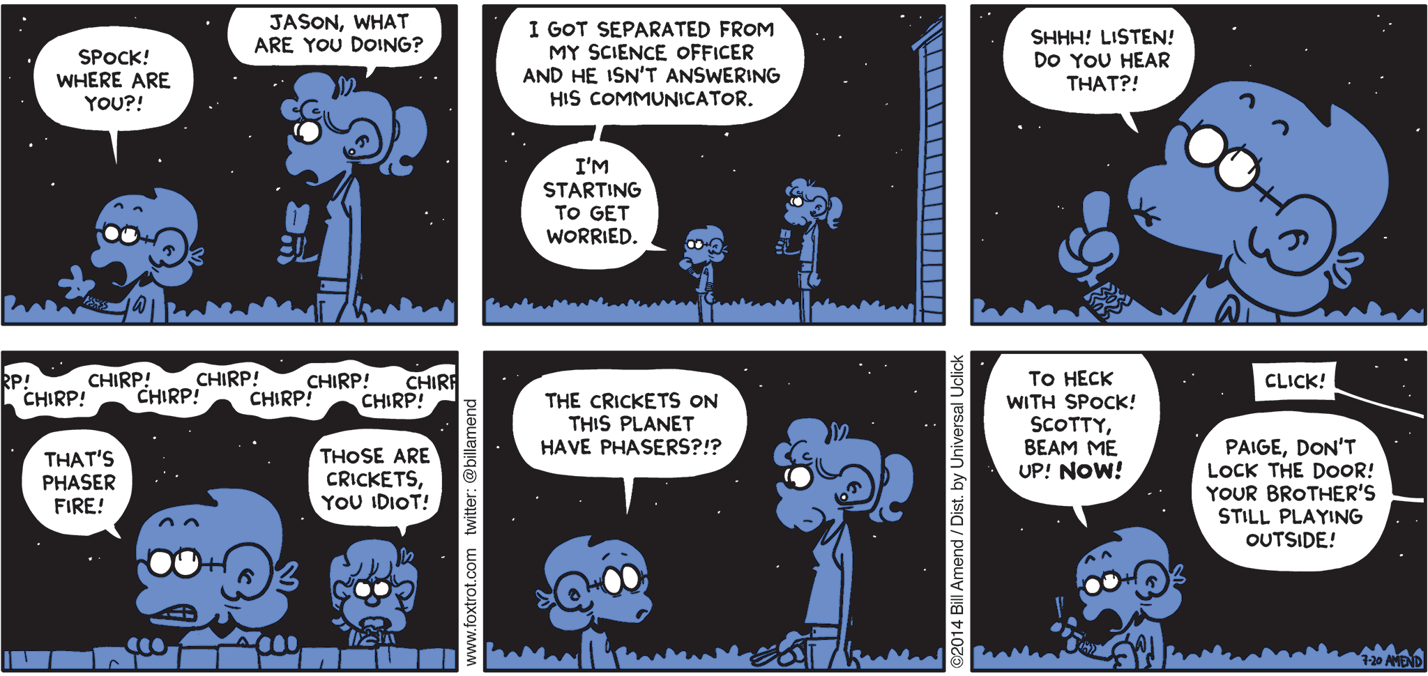 Six-panel comic done in shades of blue and black.