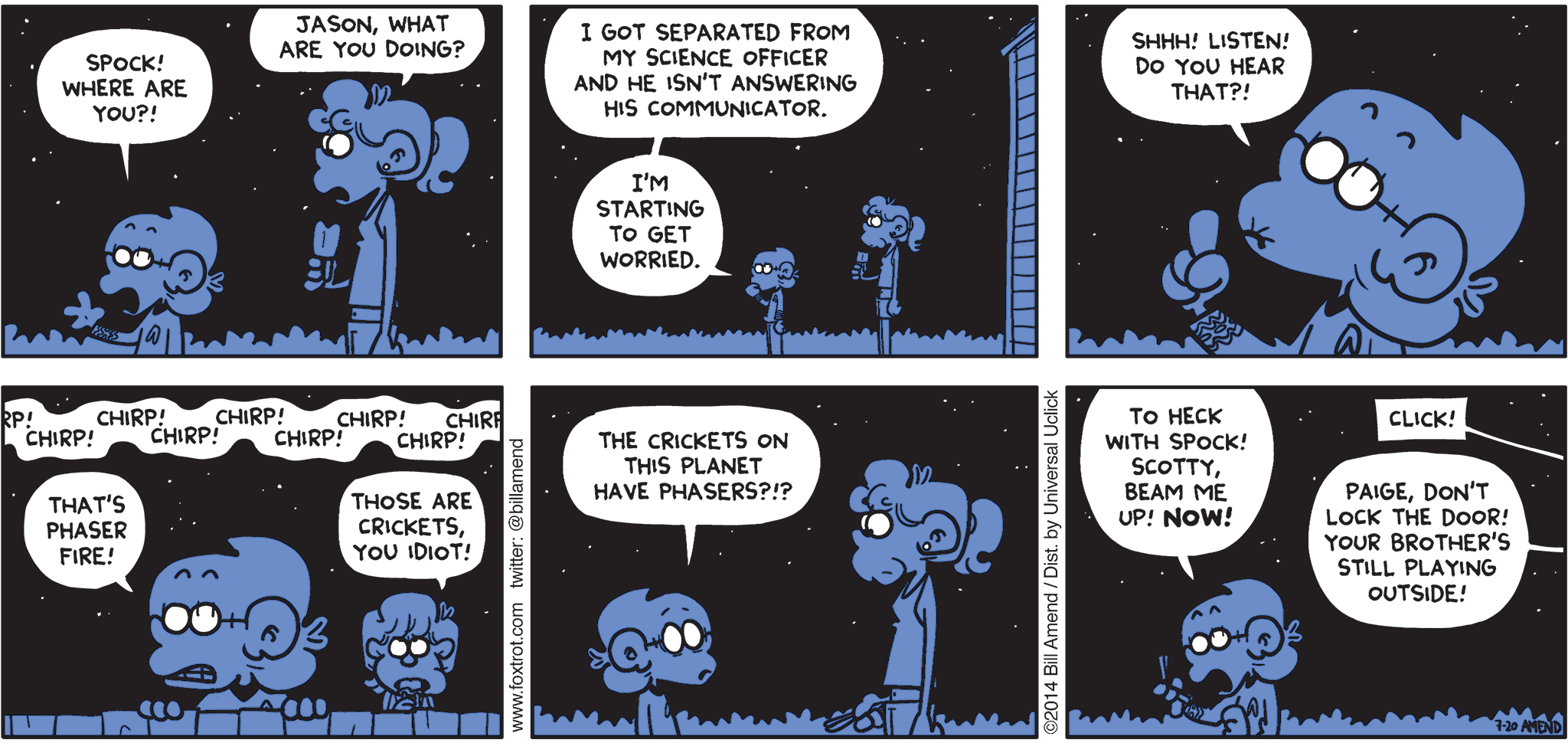 Six-panel FoxTrot comic featuring two characters standing in the dark outside.