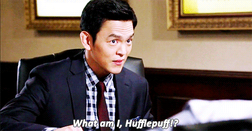  A gif of John Cho saying, “What am I, Hufflepuff!?” 