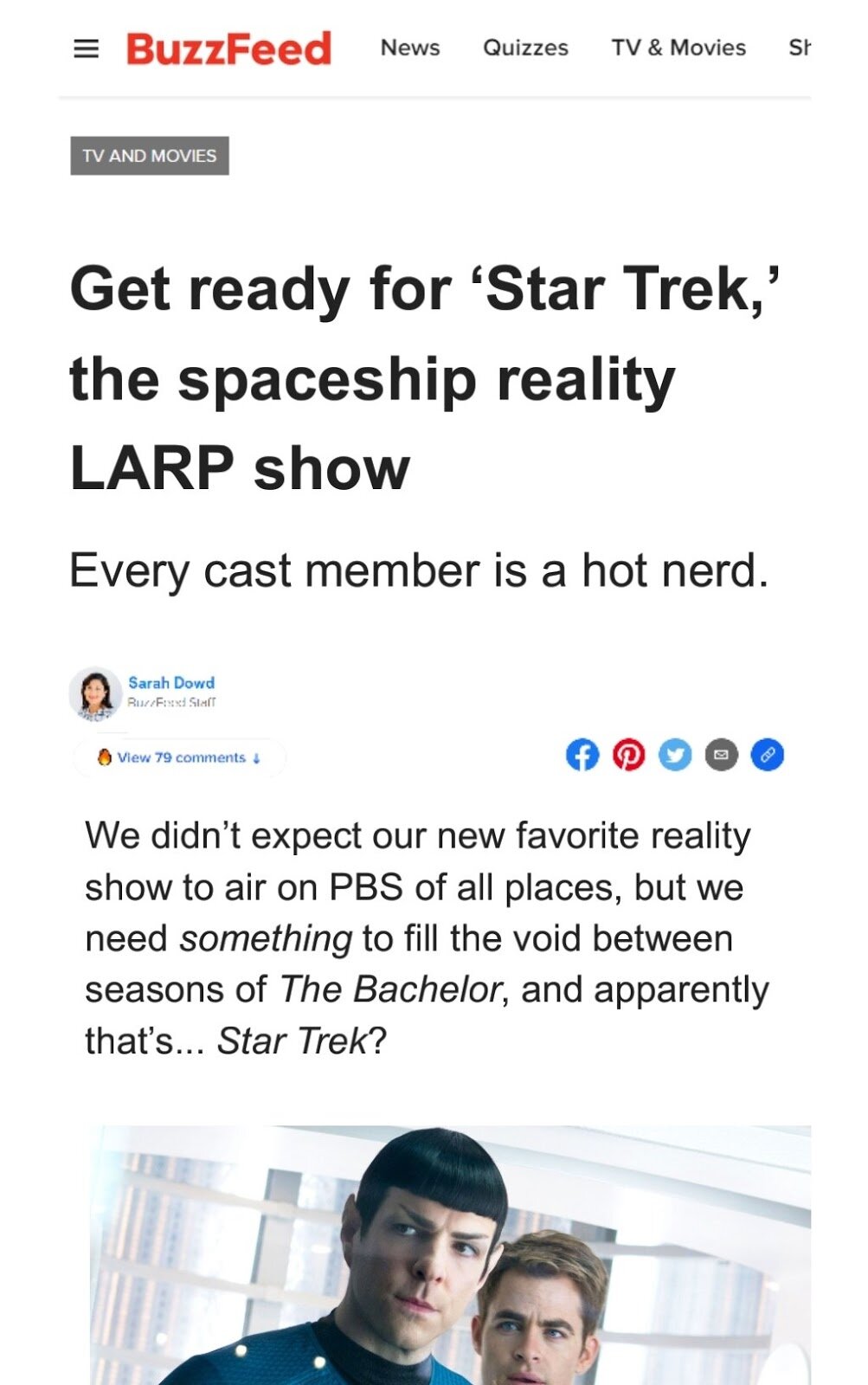  A screencap of a faked Buzzfeed post: “Get ready for ‘Star Trek,’ the spaceship reality LARP show.” Subtitle: “Every cast member is a hot nerd.” The article begins “We didn’t expect our new favorite reality show to air on PBS of all places, but we need something to fill the void between seasons of The Bachelor, and apparently that’s…Star Trek?” 