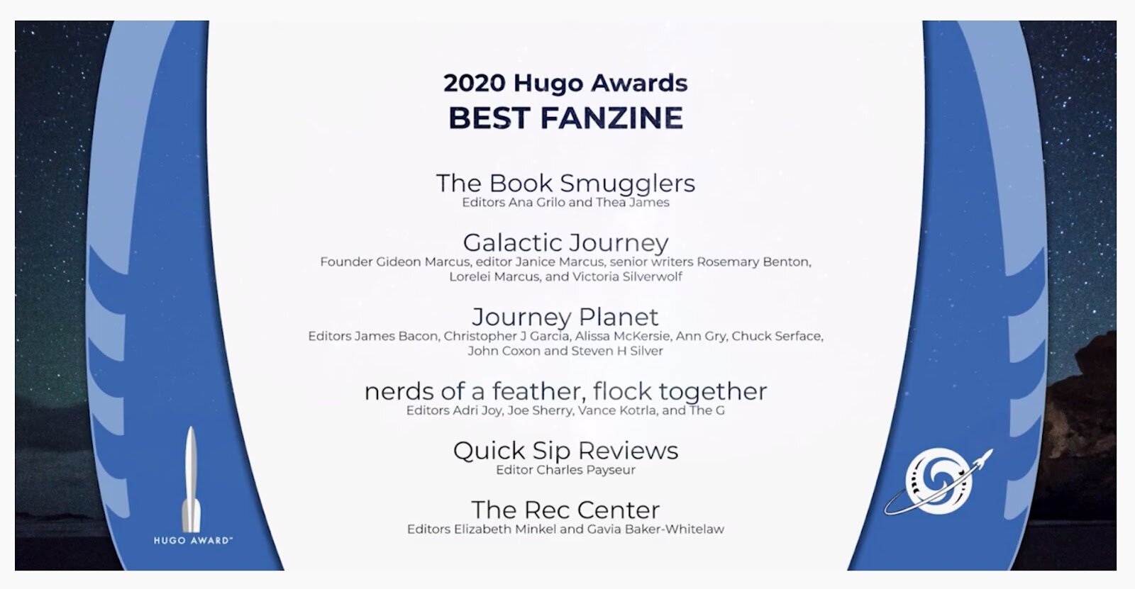  Hugo nominees list for “Best Fanzine,” including “The Rec Center”! 